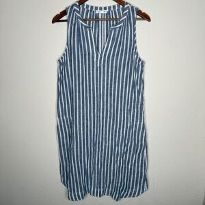 Beach Lunch Lounge Blue White Stripe Sleeveless Linen Cotton V‎ Neck Sz M